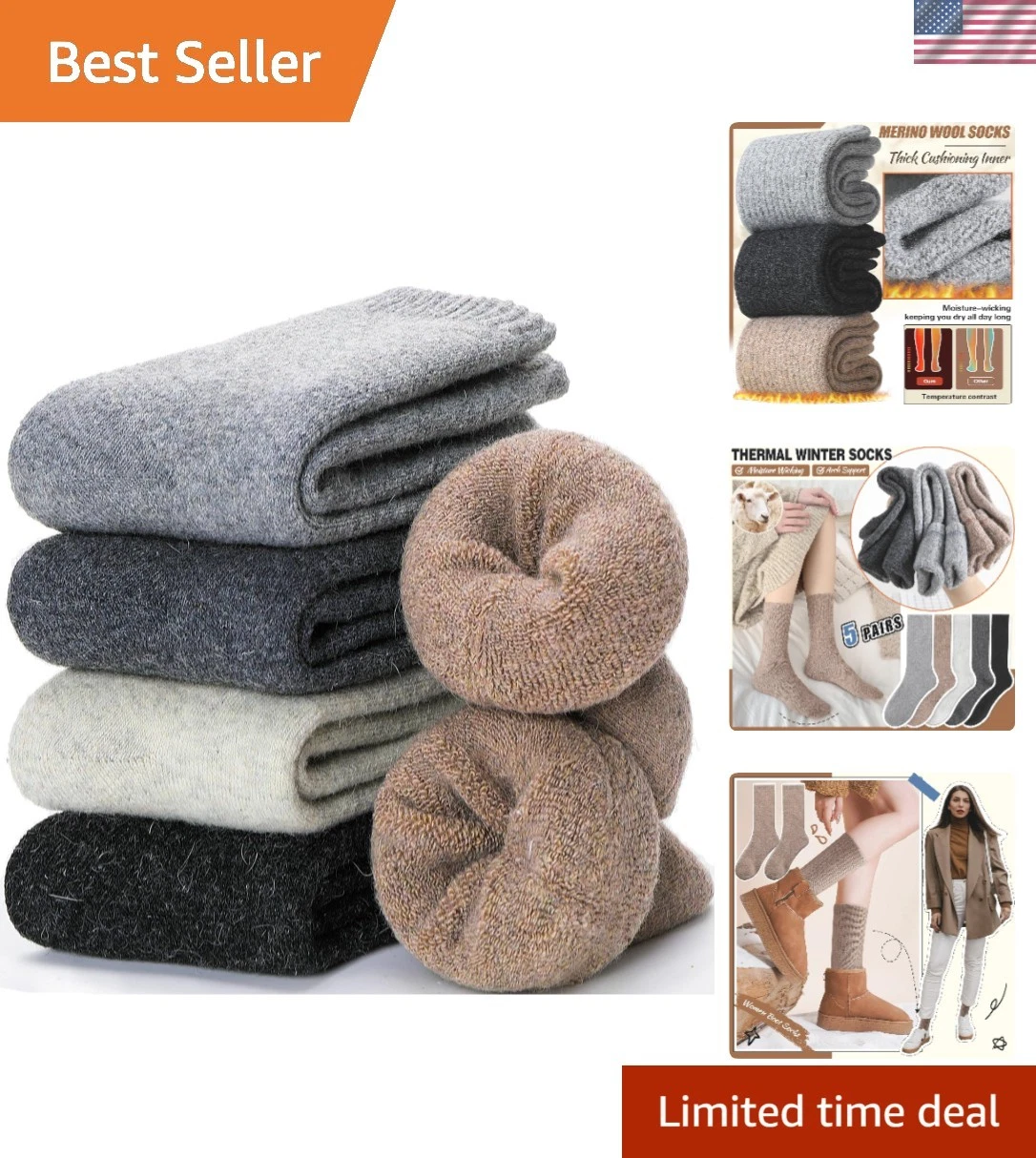 5 Pairs Merino Wool Socks for Women, Thick Winter Wool Hiking Socks, Warm Bre...