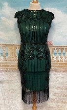 Gatsby Fringe Flapper Dress 14 16 Black Beaded Green Sequin XL Peaky Blinder