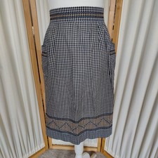 Vtg Half Apron Black White Checked Gingham Yellow Cross Stitch 2 Pockets