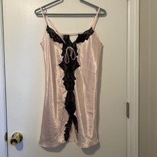 Oscar de La Renta Pink Label Satin Black Lace Trim Slip Dress Nightgown Size S