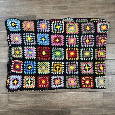 Vintage Handmade Crochet Granny Square Afghan Blanket Multicolor 52x75