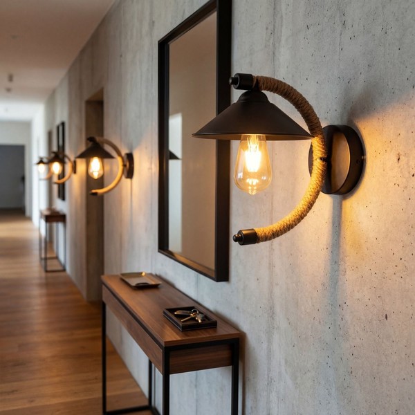 Wandlampe Wandleuchte Retro H: 29 Cm FüR E27 Metall Jute In Schwarz Natur-image