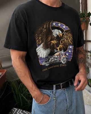 Vintage 90s Delta Biker T-Shirt Eagle Motorrad USA Print Schwarz Shirt Gr. L
