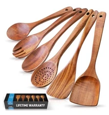Zulay Kitchen 6-Piece Wooden Spoons for Cooking - Smooth Finish Teak Wooden Uten