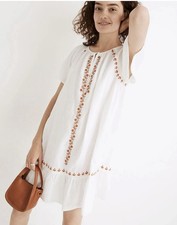 Madewell Embroidered Linen-Blend Raglan Ruffle Mini Dress Women's L Large Summer