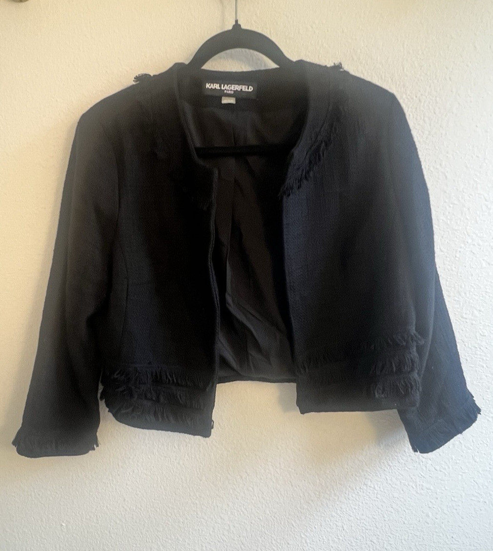 Karl Lagerfeld Paris Black Open Front Cropped Fringe Jacket size S s View 3