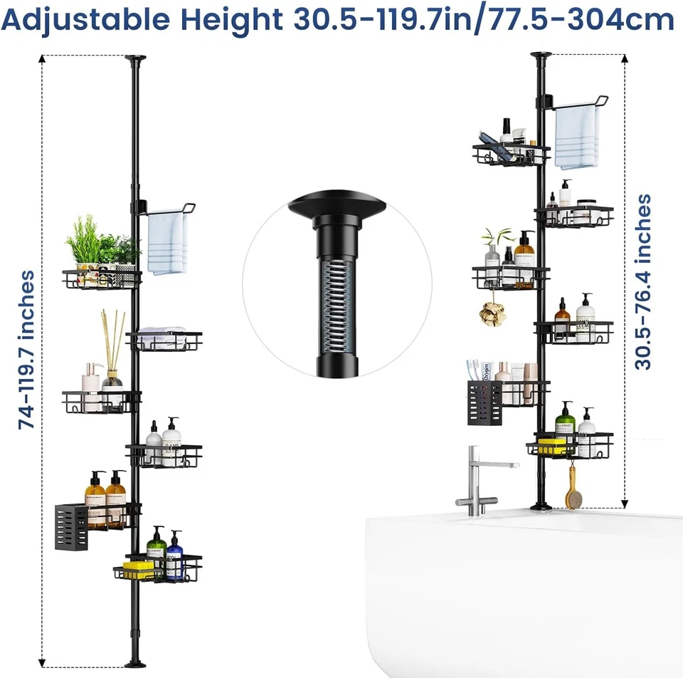 Shower Caddy Organizer Tension Pole, Rustproof Corner Shelf Adjustable Height - Image 2 of 4