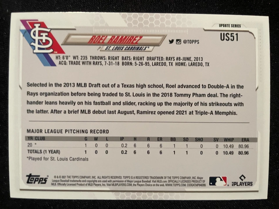 Roel RAMIREZ RC 2021 Topps Update Series #US51 St Louis Cardinals - Image 2 of 2