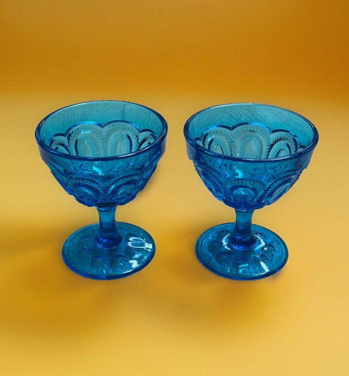 Vintage LE Smith Blue Moon & Stars Glass Footed Sherbet Dishes 4.5