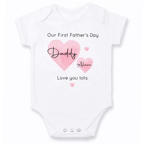 Personalised Pink Hearts Girls Our First Father's Day Baby Outfit Babygrow Vest - Picture 7 of 15
