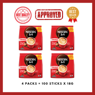 NESCAFE 3 IN 1 Original Premix Roasted Coffee 18g x 100 Sticks (4 Packs)