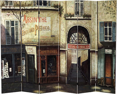 6 Ft Double-Sided French Cafe Canvas 6 Panel Room Divider with Wood Frame