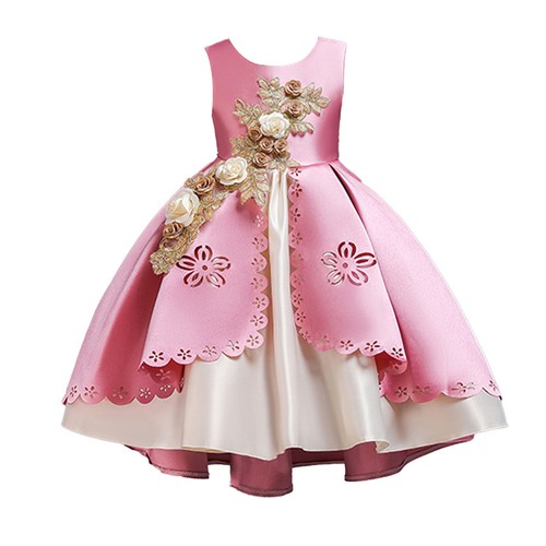 Kid Flower Girls Party Dress Princess 3D Embroidery Hollow Satin Wedding Costume - Picture 3 of 45