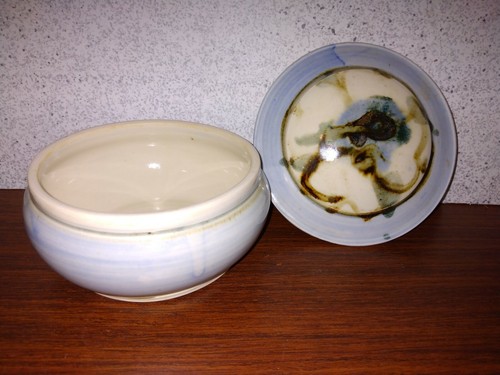 Signed Studio Art Hand Thrown Pottery Lidded Bowl Blue Brown Glaze Swirls 3.5"T - Picture 5 of 12