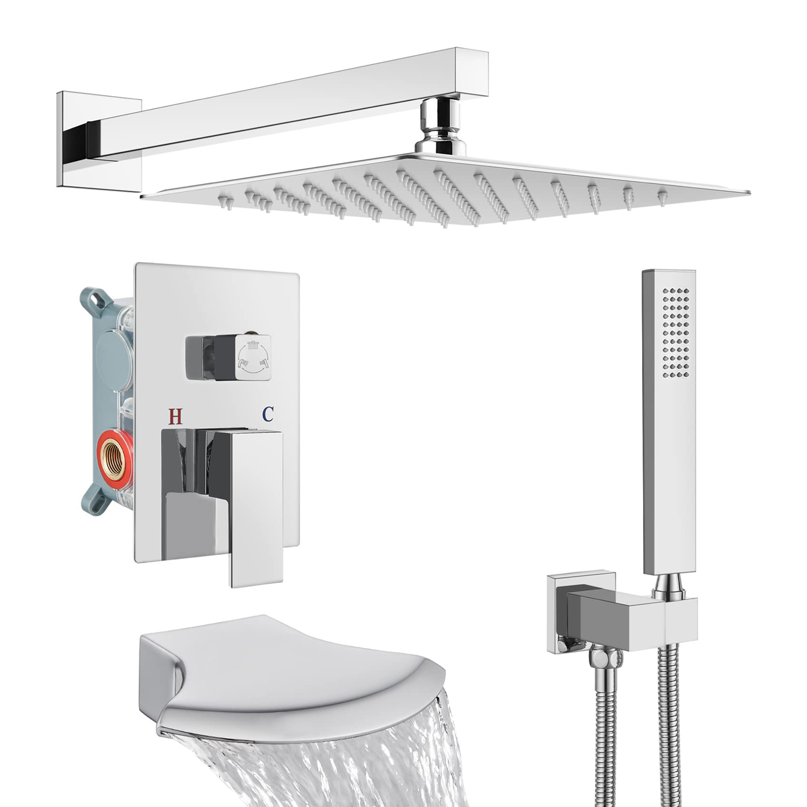 Sliver Shower Faucet Set Mixer Valve Rain Shower Head Combo System /w Tub Spout-