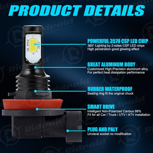 RIDROID H11+ 9005 LED Headlight 6000K Super Bright Bulbs High/Low Beam Combo - Picture 19 of 19