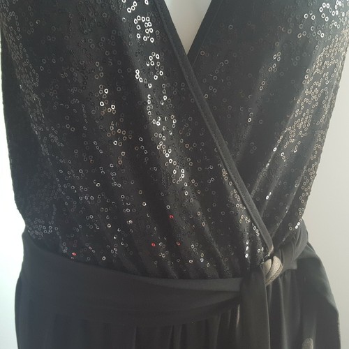 Spense 4 Jumpsuit Black Sequin Tie Belt Plunging V Neckline - Picture 5 of 11