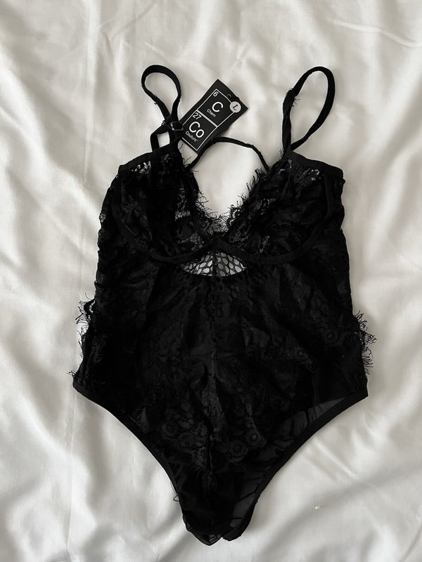 NWT Sexy Chem Couture sheer black lace teddy, size L