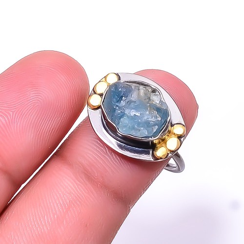 Natural Aquamarine - Black And Gold Plated 925 Sterling Silver Ring s.7.5 R7