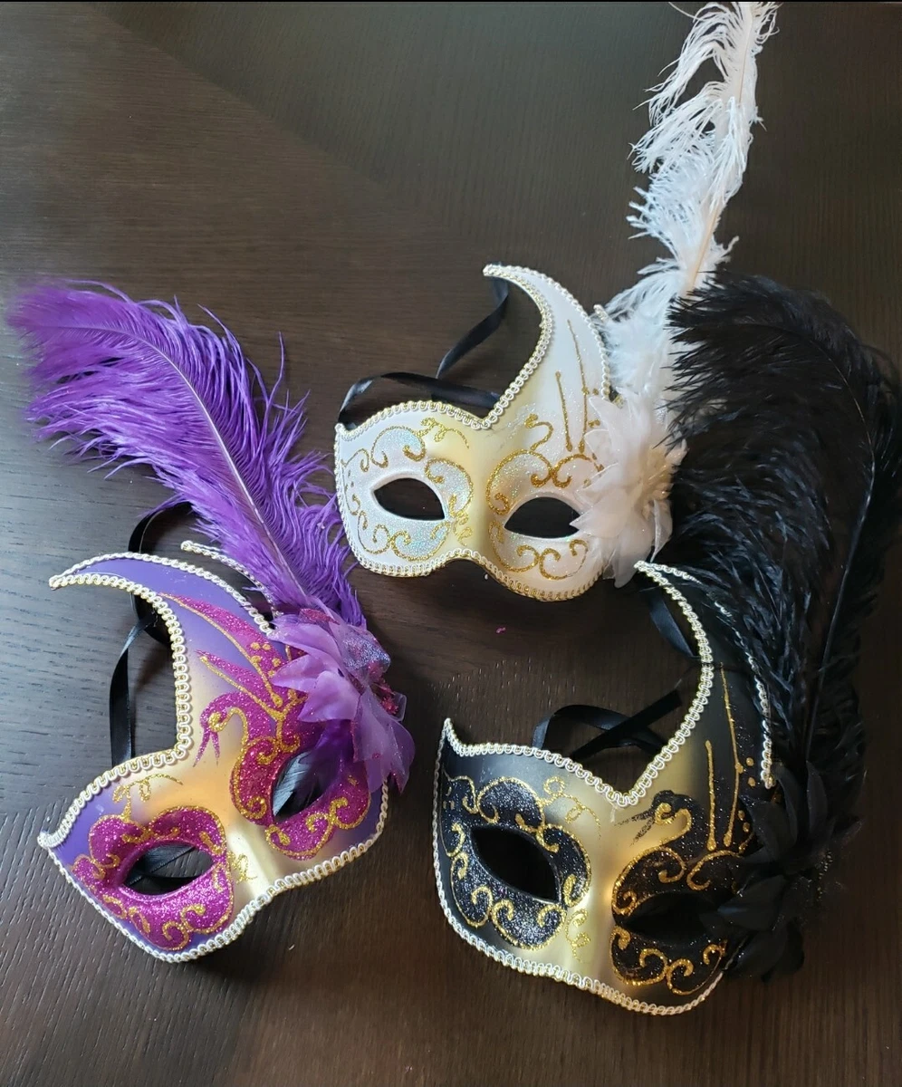 3 Mardi Gras Masquerade Feather Ball Dress up Party Mask