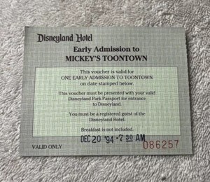 Vintage 12/20/94 Disneyland Hotel Early Admission To Mickey’s Toontown Voucher