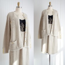 vtg Tanner beige boucle knit skirt cardigan suit 2 piece set 80s