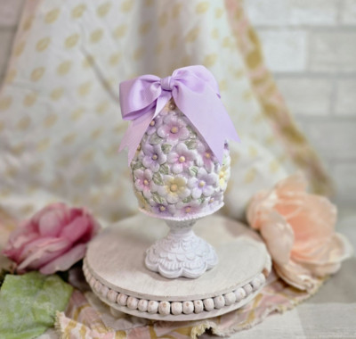 Lavender Bow Pastel Flower Egg Ornate Pedestal Easter Floral Decor NEW