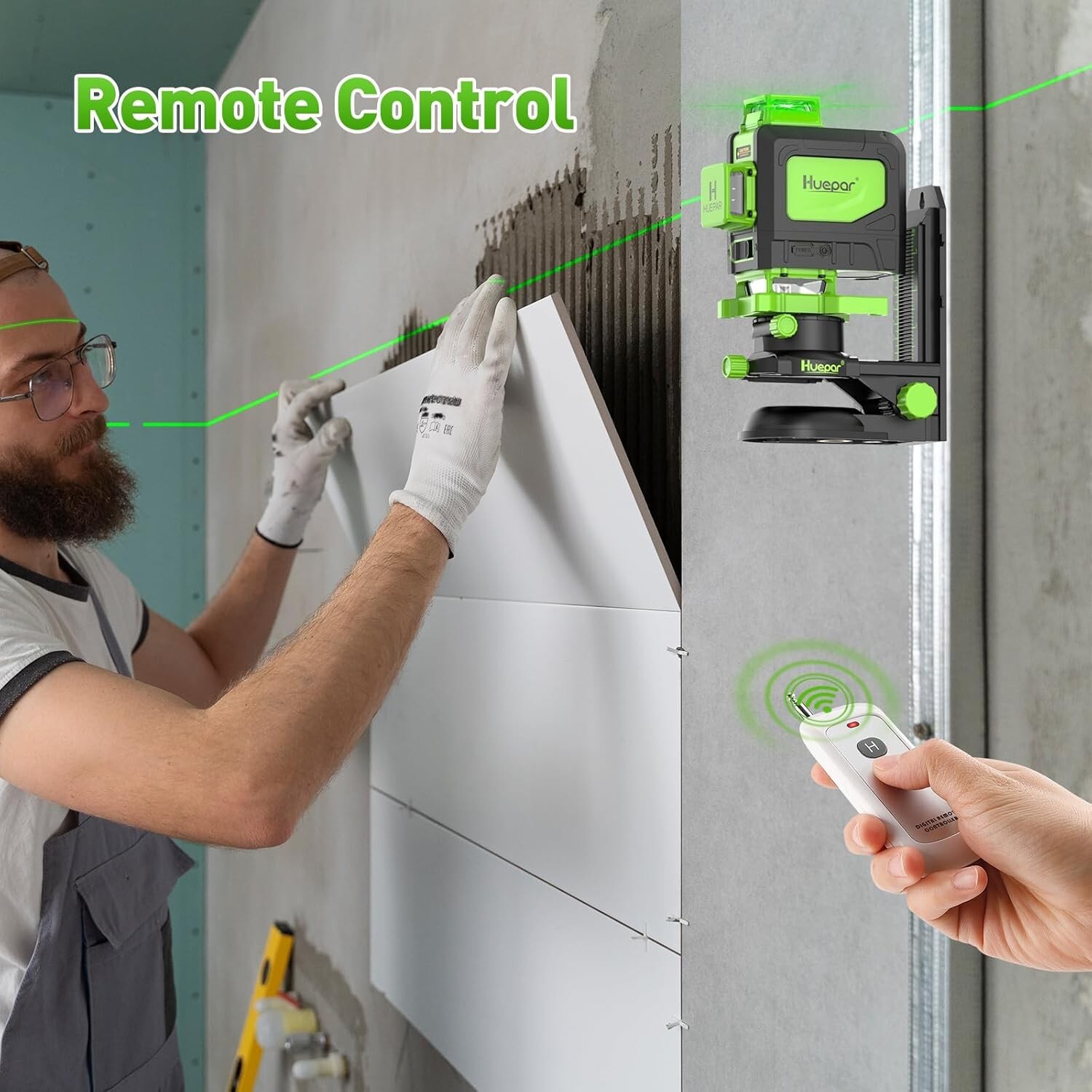 Huepar 16-Line 360-Degree Green Laser Level with Remote Control for Precision