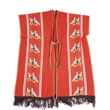 Vintage Mexican Woven Vest Red Fringed Bird Pattern Tie Front Folk Boho XL Aztec