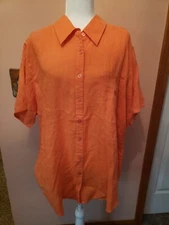 Avenue Women's Plus 22/24 Buttoned 100% Linen Top Collared Short Sleeves Orange 