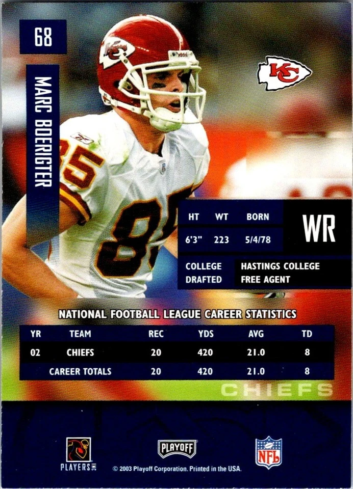 2003 Playoff Prestige Marc Boerigter #68 Kansas City Chiefs Football Cards - Image 2 of 2
