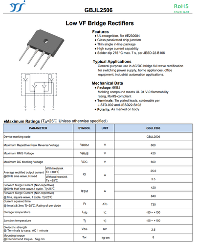 4PCS GBJL2506A YANGJIE Single Phase Low Vf Bridge Rectifier 600V 25A 6KBJ - Picture 3 of 4