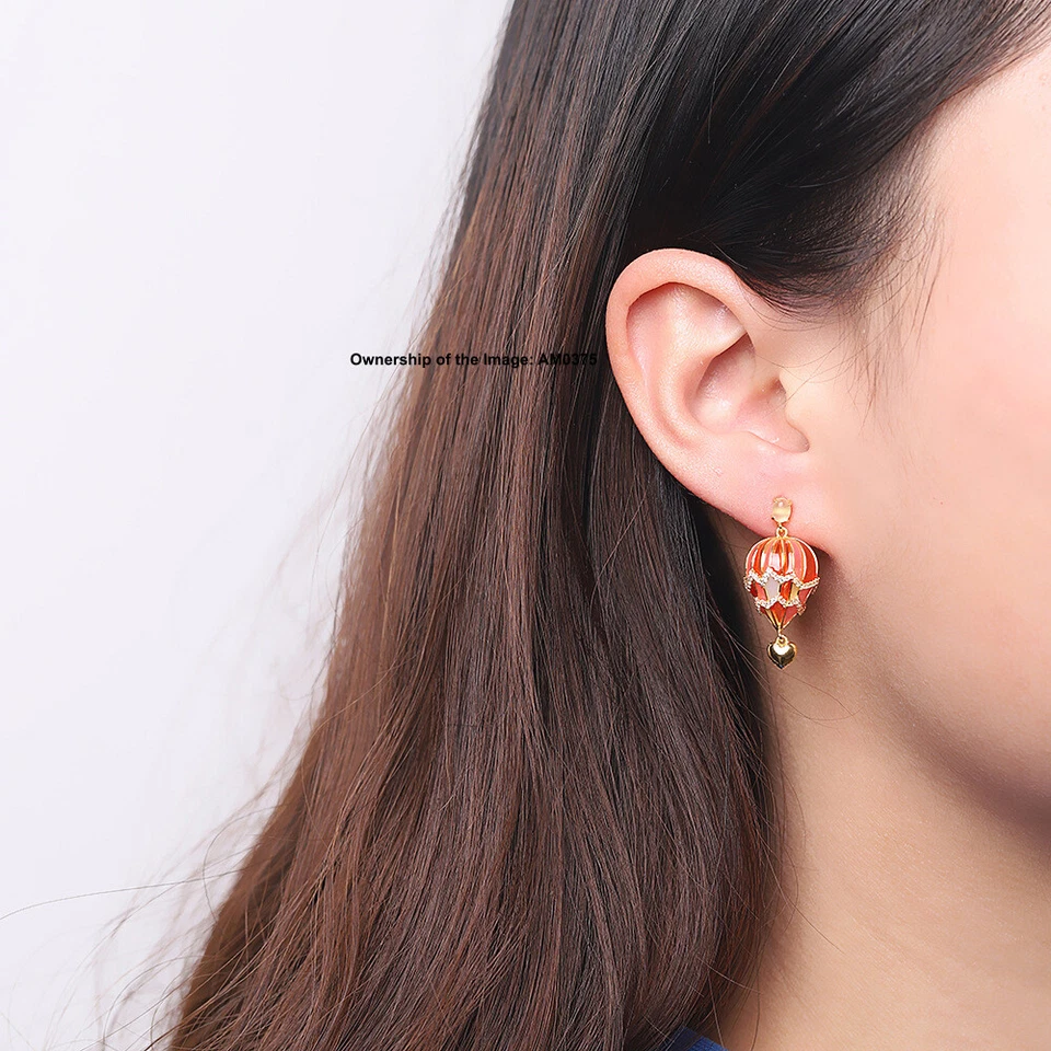 Pendientes colgantes enchapados en oro real de plata de ley 925 con forma de globo rojo Foto 4 de 4