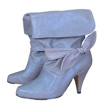 Vintage 1980s taupe boots, gray bow genuine leather heel, slouch tall rolled 7