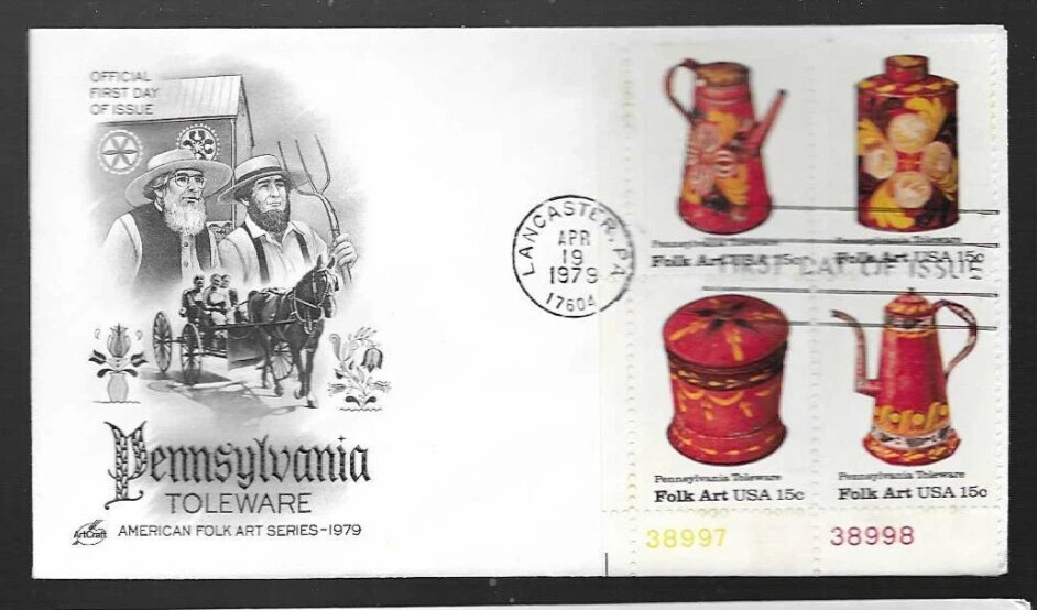 AMISH FOLK ART PENNSYLVANIA TOLEWARE PLATE#BLOCK 1979  ARTCRAFT CACHET FDC UNADD