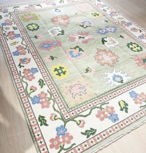 Hand-Knotted Rug light green Oversized Floral Rug for Living Costom Size Rug
