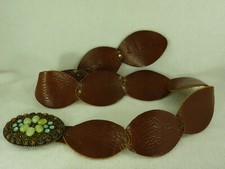 Leather Rock Brown Leather Belt Beaded Jeweled Polished Stones Concho Shaped