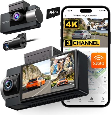 WOLFBOX i17 Dash Camera Front Rear Inside 3 Channel 4K Built-in 5G WiFi GPS WDR