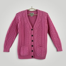 Aran Crafts Ireland Pink 100 Merino Wool Cable Knit Cardigan Sweater Womens S