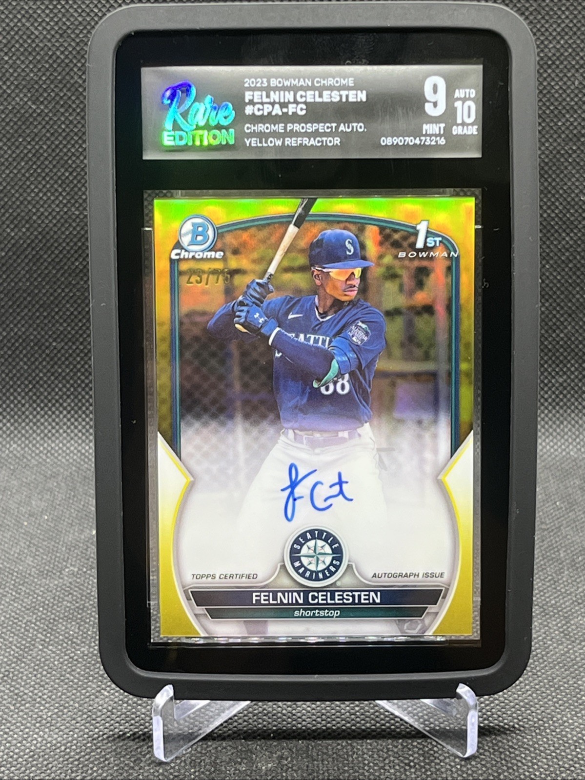 2023 Bowman Chrome FELNIN CELESTEN Auto Yellow Refractor 1st #d /75 Rare 9 Mint