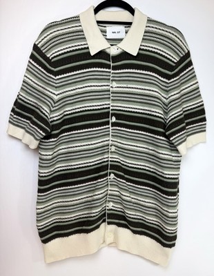NN07 Nolan Polo Cardigan Knit SHIRT Button Down Green Stripe MEN S MEDIUM