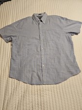 VAN HEUSEN Short Sleeve Button Up Shirt Size XL 17-17.5 Light Blue Plaid Preppy