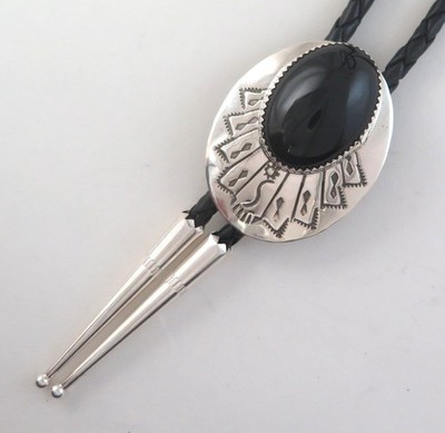 Attractive Sterling Silver and Black Onyx Stamped Southwestern Bolo Tie