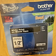 Brother International TZe-335 Label Tape - 1/2  Width -White Print On Black NOS