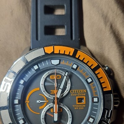 Citizen Eco-Drive Titanium 200m Diver Watch Black/Orange Dial Rubber Strap