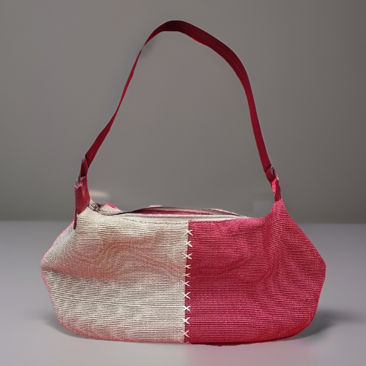 Genuine Sonoma Jean Co Straw Woven Half Red Purse Bag Zipper Closure Lined