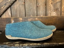 Glerups Shoe Petrol Wool Slipper With Natural Leather Bottom - EU Size 42