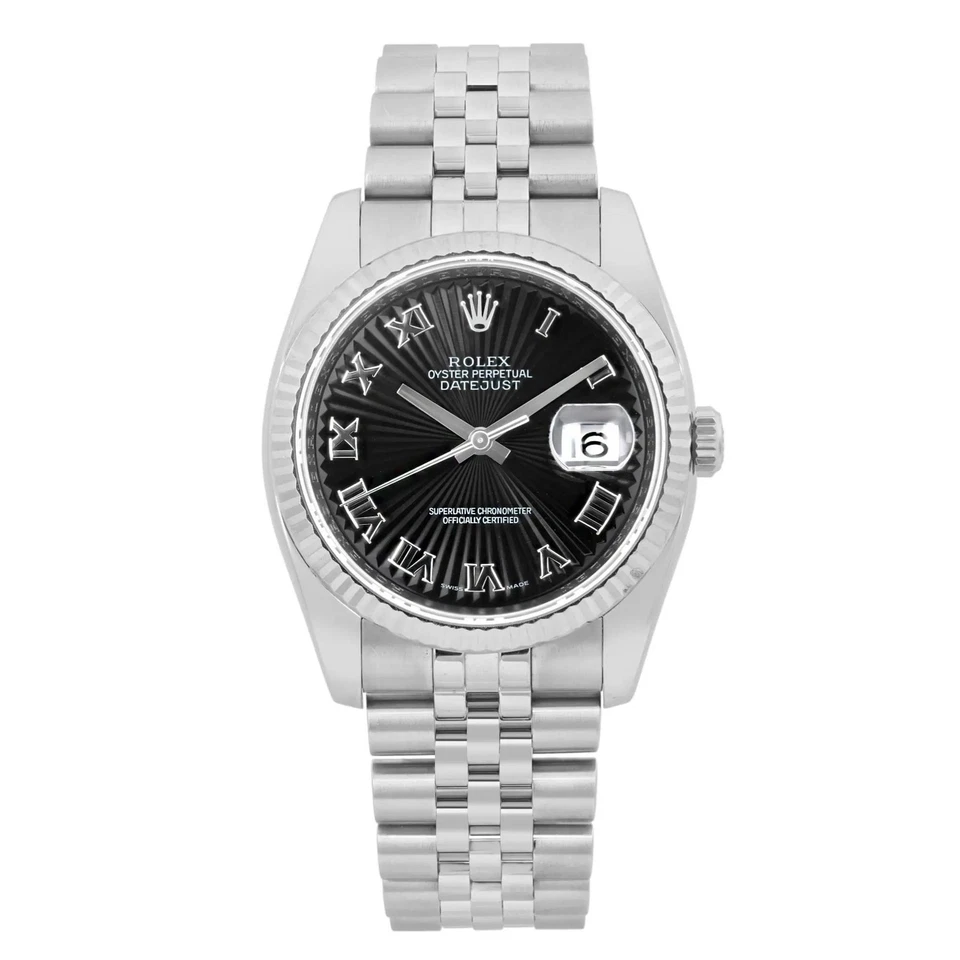 Rolex Datejust 36 18K White Gold Steel Roman Sunbeam Black Dial Men Watch 116234