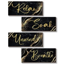 4 Pcs Black and Gold Bathroom Decor Black Gold Wall Decor Relax Soak Unwind B...