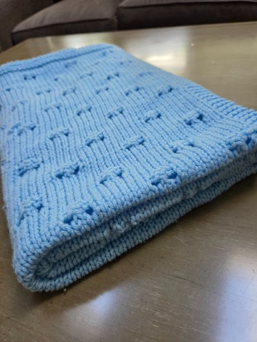Baby Blanket Blue Hand Knit Crochet